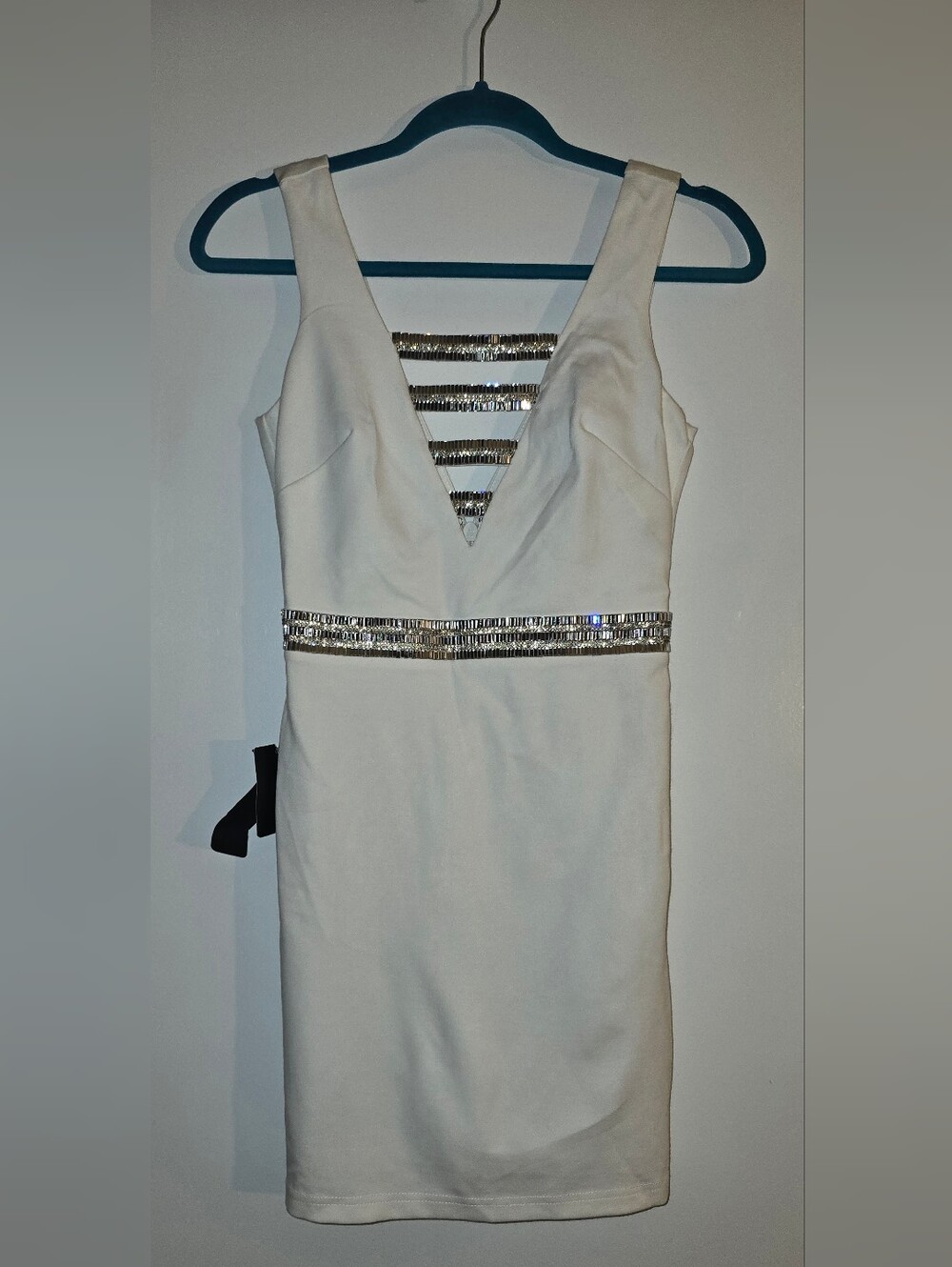bebe White Strapless Sheath Dress with Silver Beaded Accents